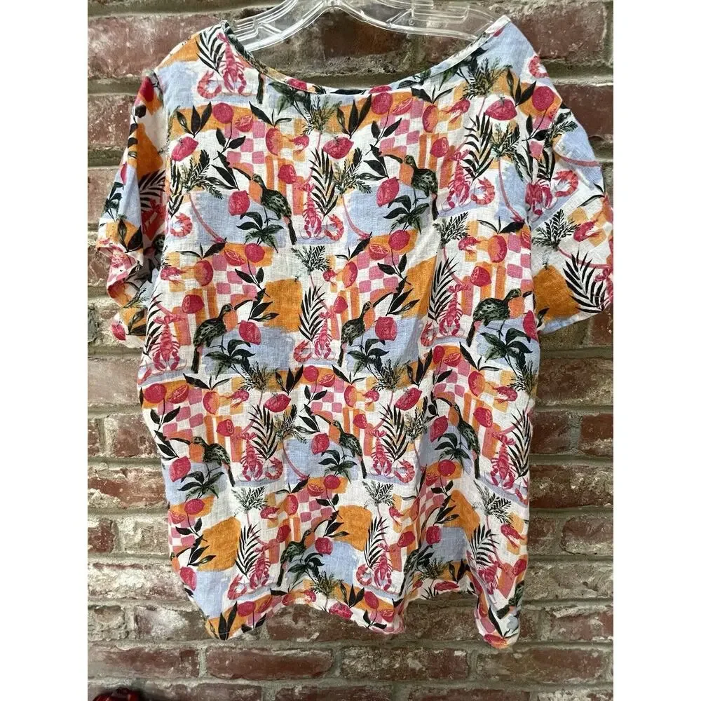C & C CALIFORNIA Women's LINEN Bird Lobster Lagenlook Short Sleeve Top 2X Plus - Picture 3 of 9